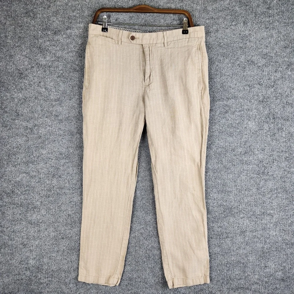 Cremieux Pants Mens 34x30 Pinstripe Linen Tan Brown Flat Front Trousers
